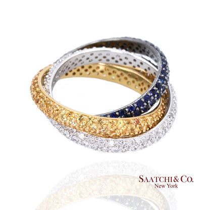 18k (750) Gold Tri Color Natural Diamond and Sapphire Ring Band