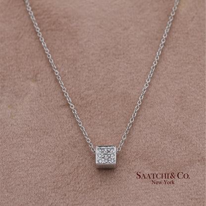 18K(750) White Gold Natural Diamond Square Box Shape Pendant Necklace with Chain