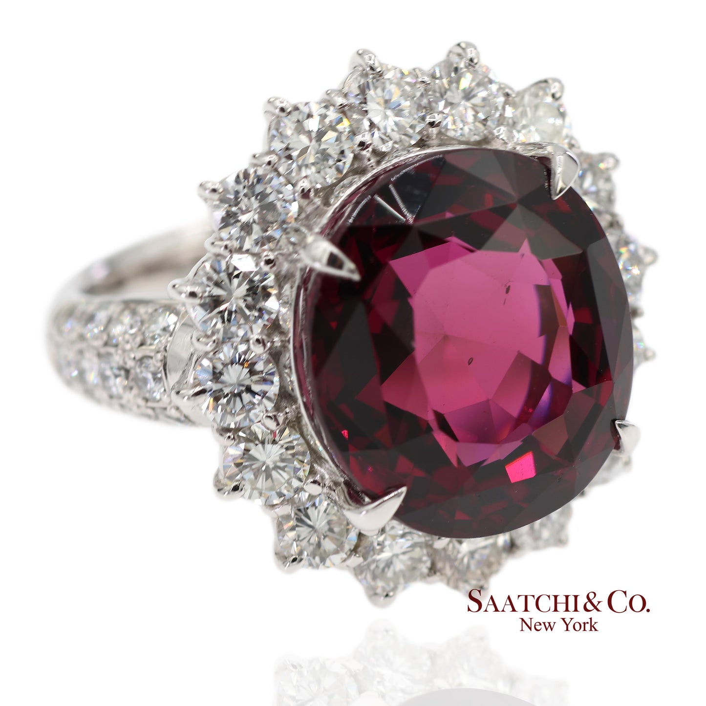 GIA Certified Solid Platinum 900 Natural Diamond and Natural Garnet Ring