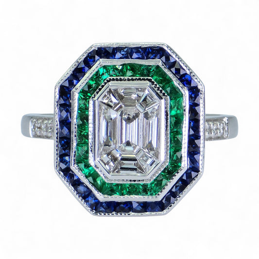 18K White Gold, Natural Diamond Emerald and Sapphire ring Mount, 4.3 Grams