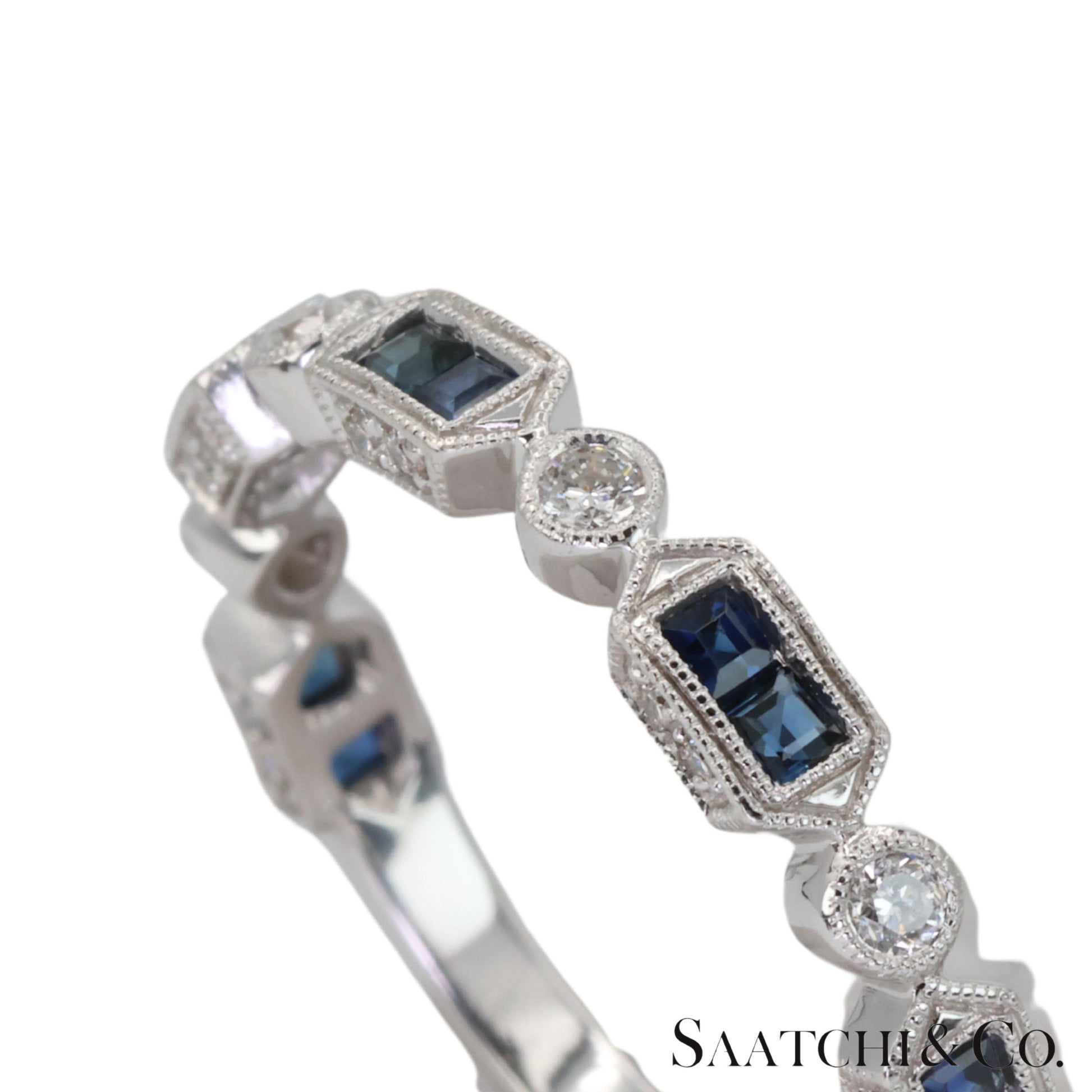 14k (585) White Gold Natural Diamond and Sapphire Band Size 8
