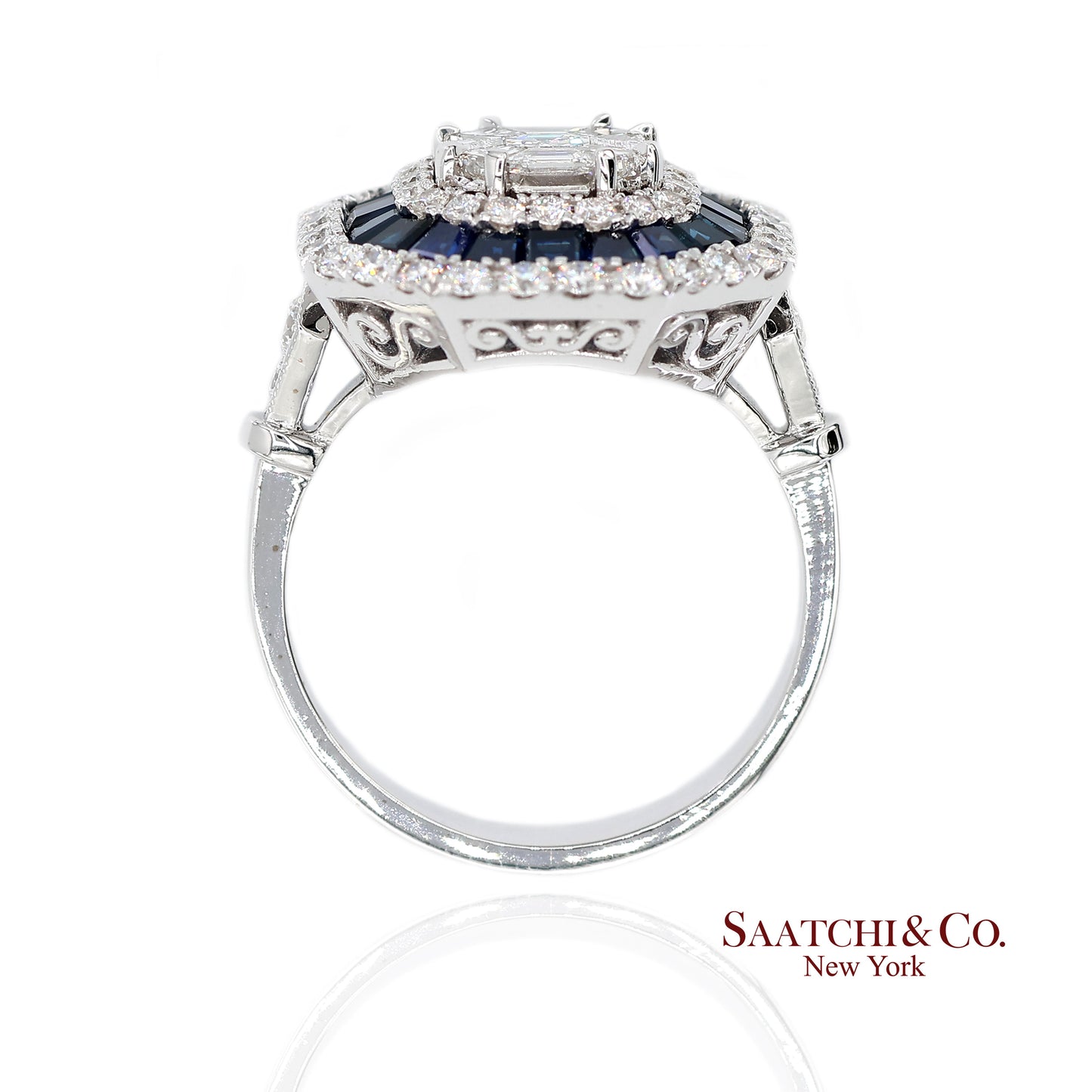 18K(750) White Gold Royal Blue Sapphire and Asscher Pie Cut Natural Diamond Ring