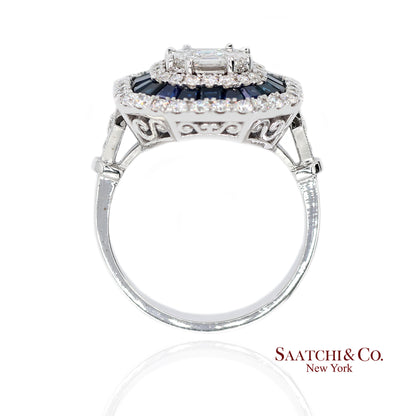 18K(750) White Gold Royal Blue Sapphire and Asscher Pie Cut Natural Diamond Ring