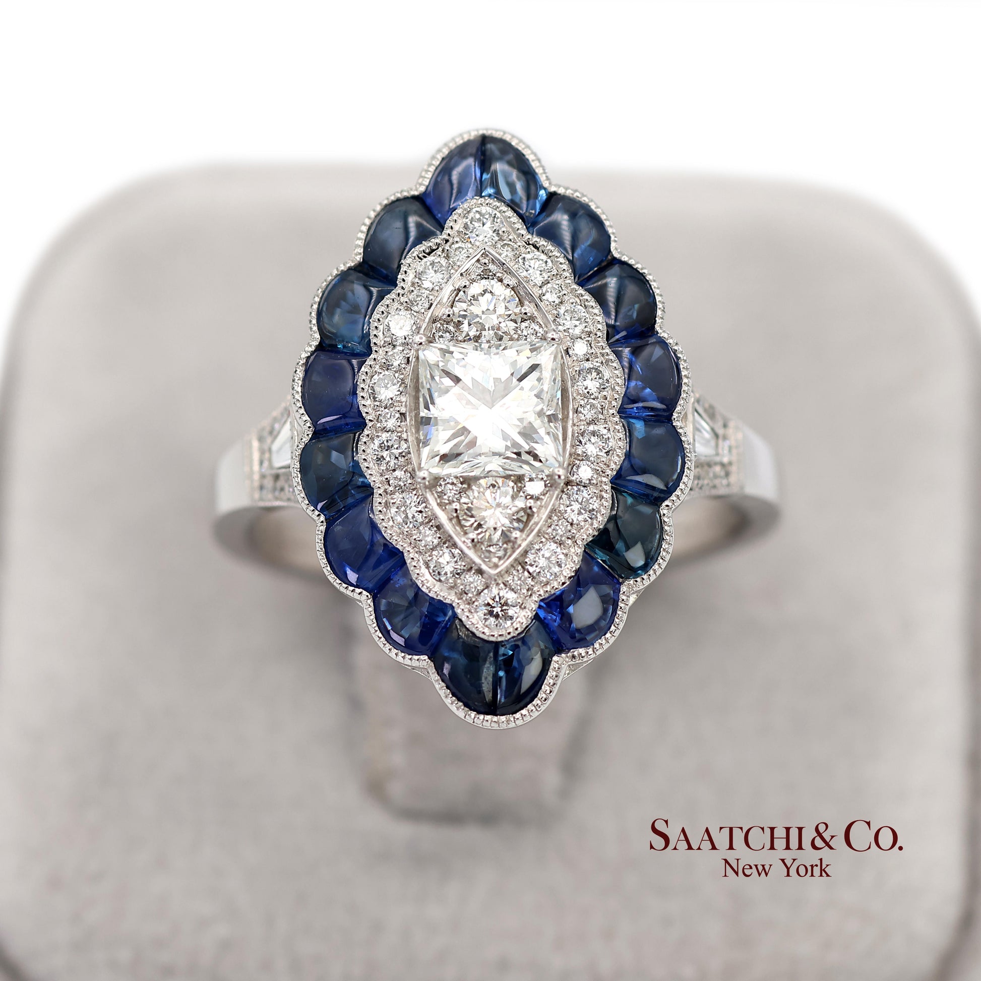 Platinum (950) Natural Diamond and Natural Sapphire Milgrain Ring