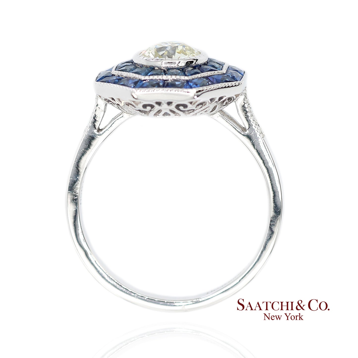 Platinum 950 Natural Diamond and Natural Sapphire Milgrain Ring