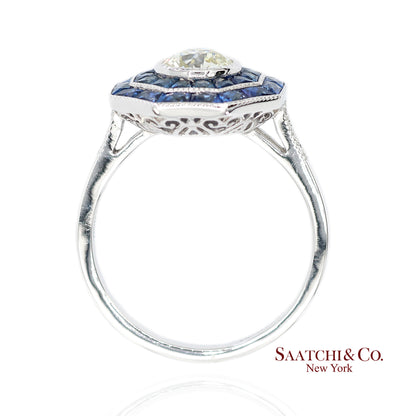 Platinum 950 Natural Diamond and Natural Sapphire Milgrain Ring