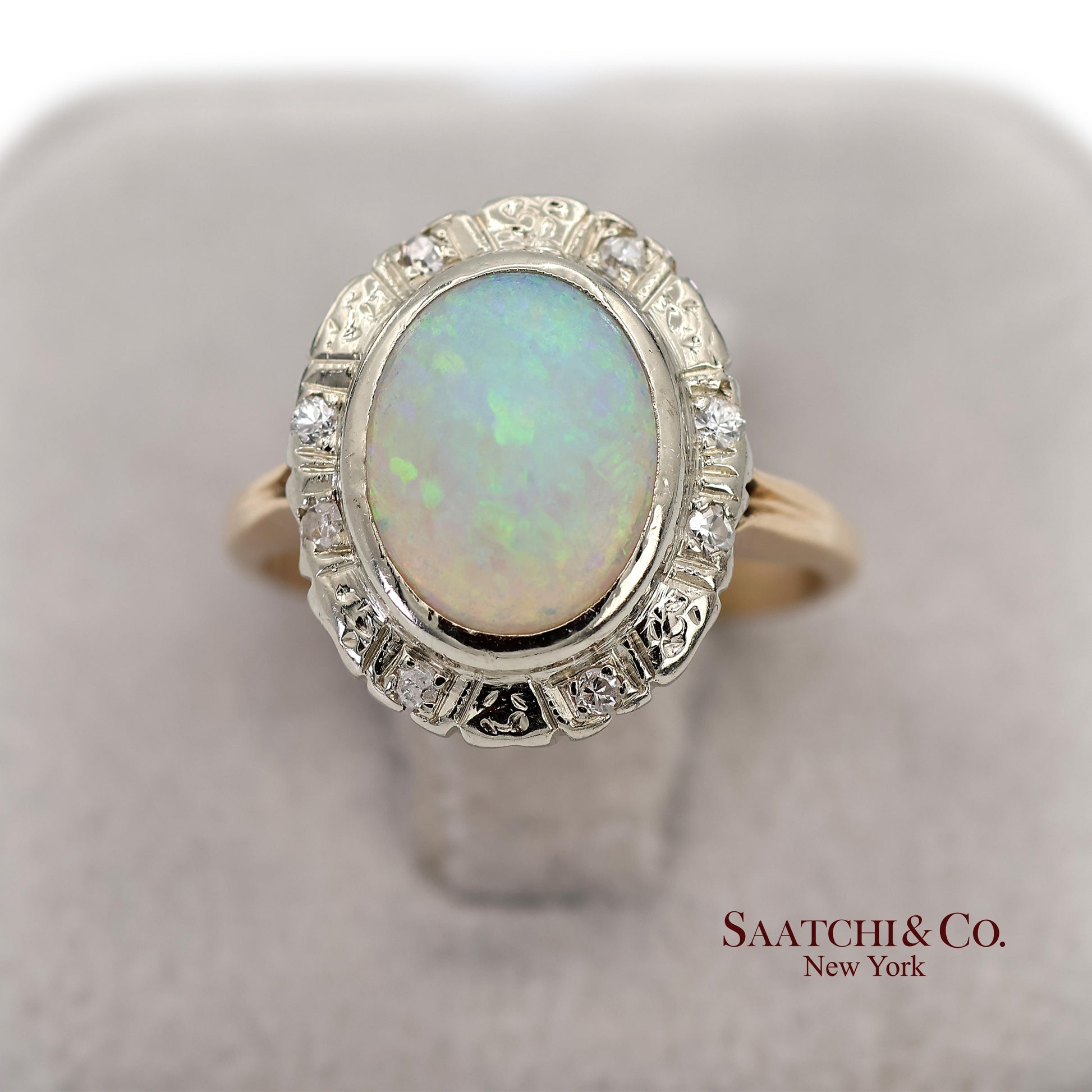 14K White and Yellow Gold Vintage Natural Diamond and Natural Opal Ring