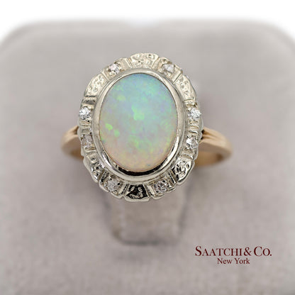 14K White and Yellow Gold Vintage Natural Diamond and Natural Opal Ring