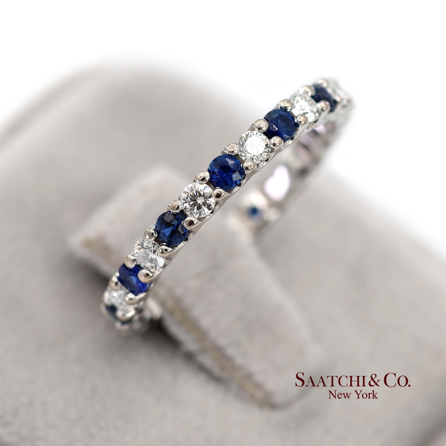 14K White Gold Natural Brilliant Diamond and Sapphire Band Ring