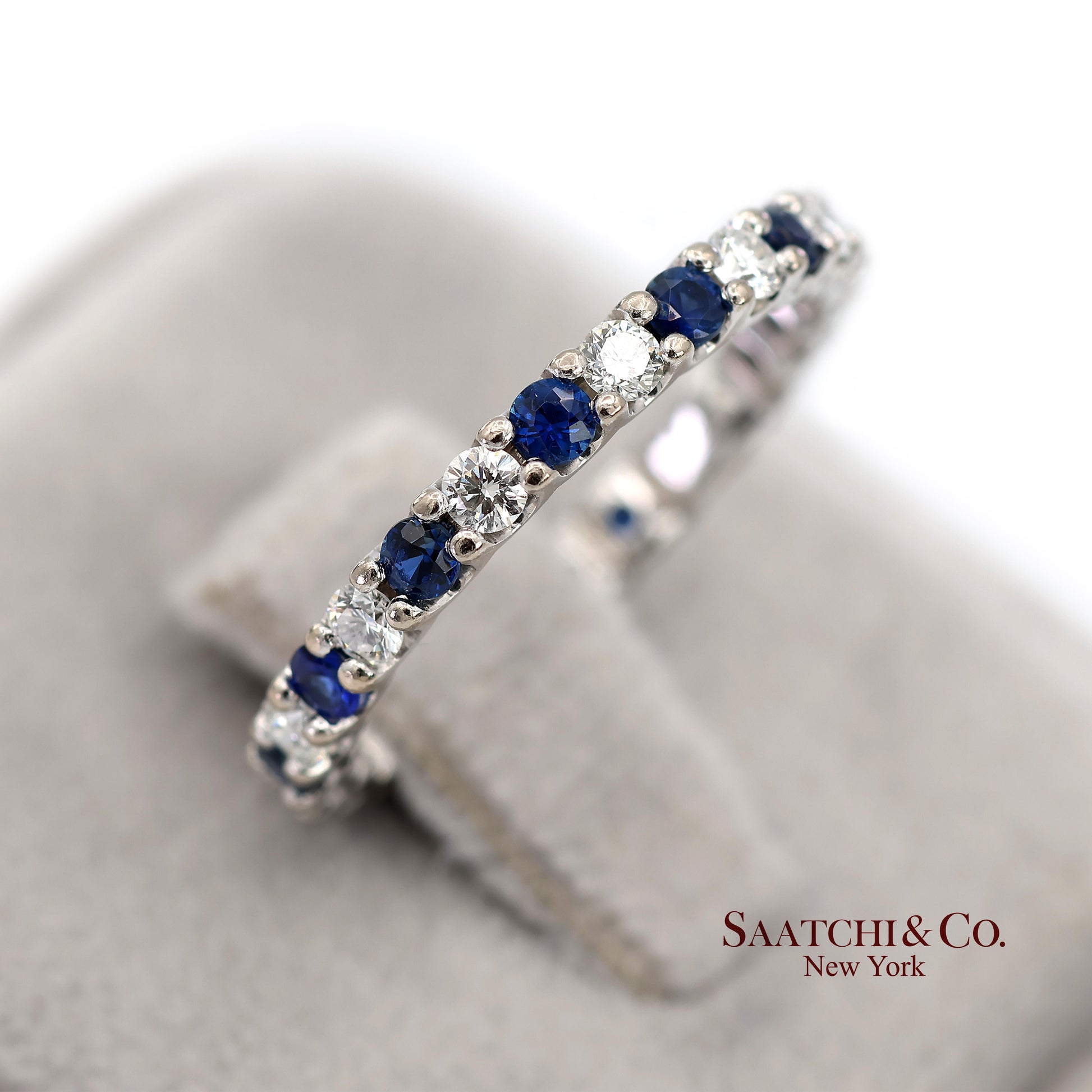 14K White Gold Natural Brilliant Diamond and Sapphire Band Ring