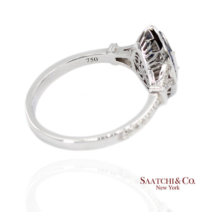 18K (750) White Gold Natural Diamond and Sapphire Marquise Milgrain Ring