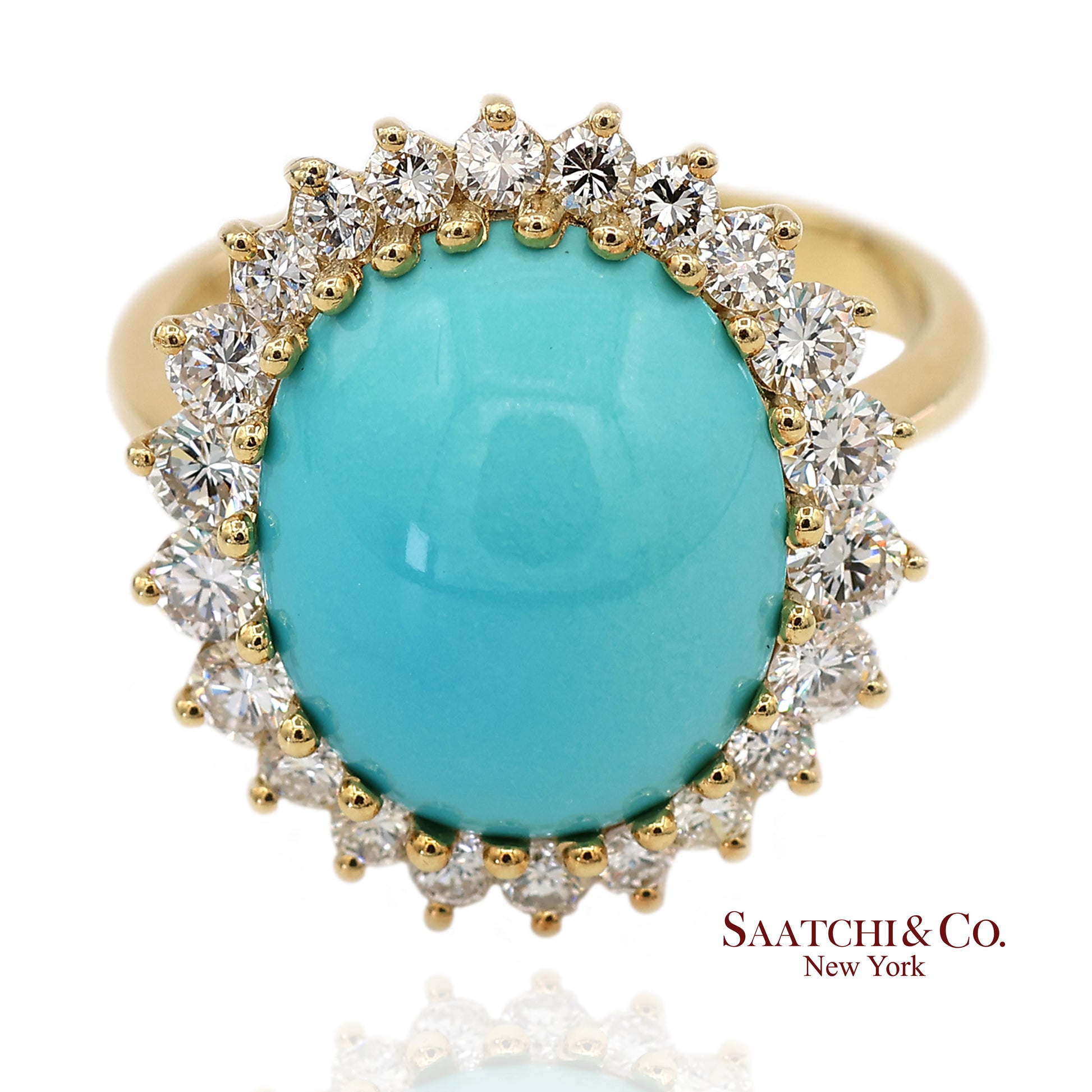 18K Yellow Gold Turquoise  Natural Diamond Halo Ring