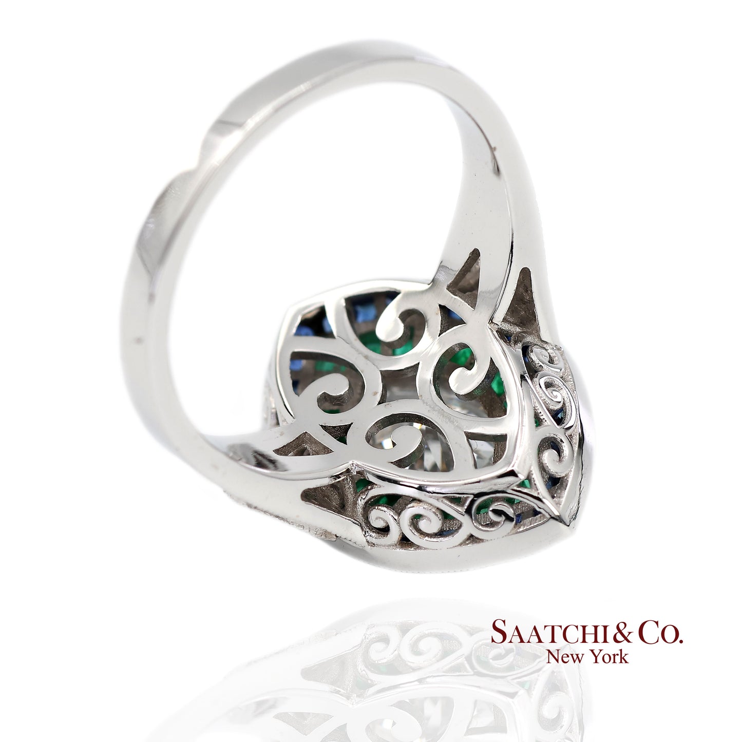 GIA_18K 750 Solid White Gold Natural Diamond Emerald and Sapphire Milgrain Ring