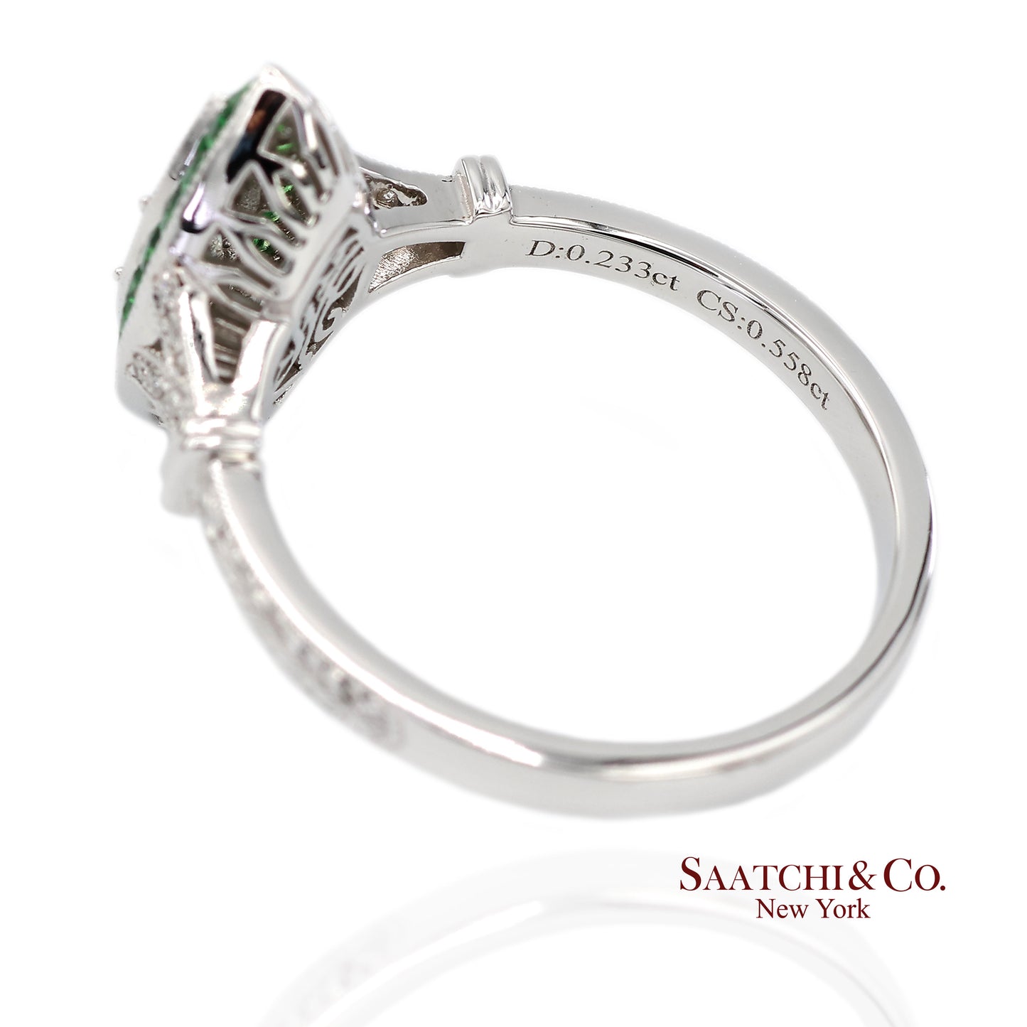 18K (750) White Gold Natural Diamond and Tsavorite Marquise Milgrain Ring