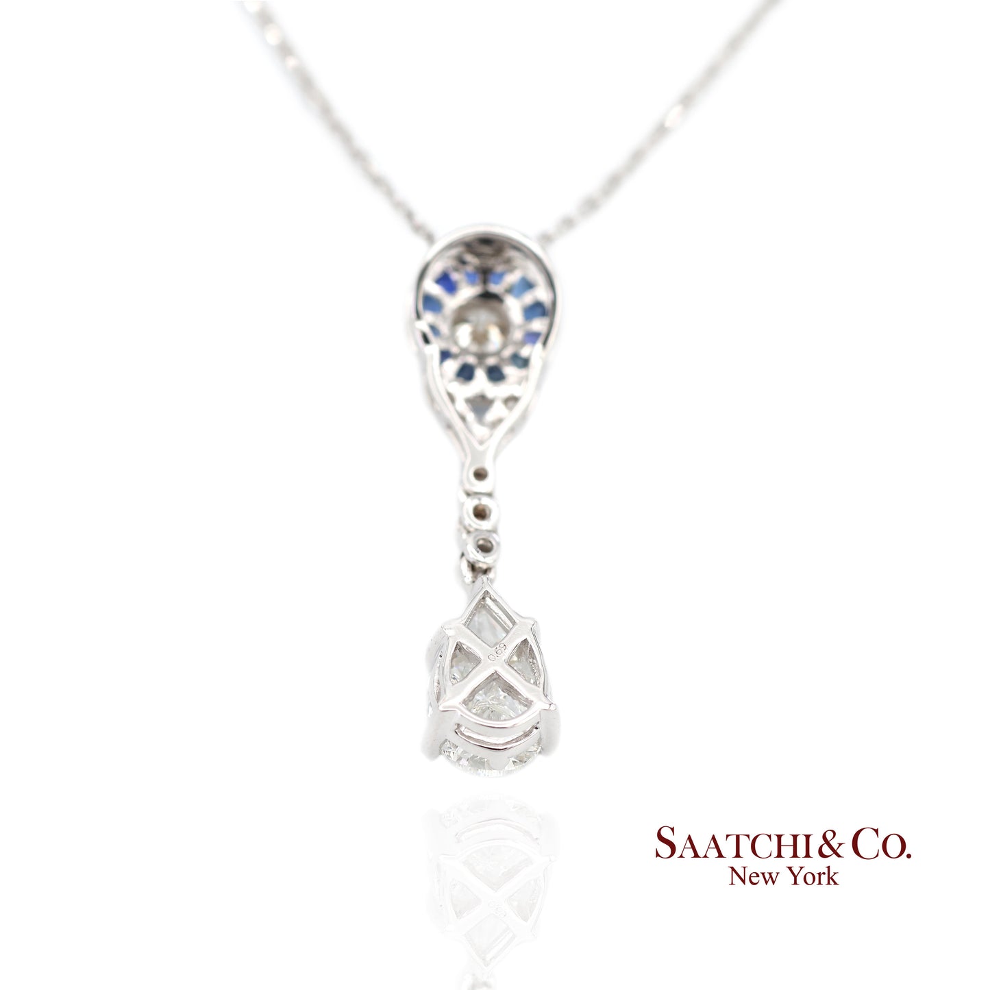18K White Gold Natural Diamond and Pie Cut Sapphire Pendant with 14K Gold Chain