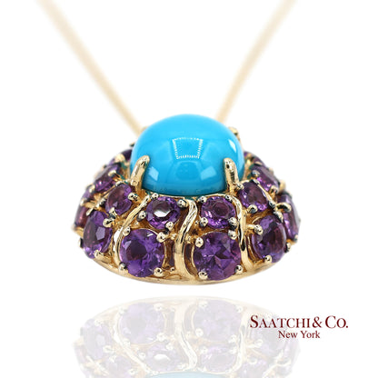 14K Yellow Gold Carlo Viani Turquoise and Amethyst Pendant Necklace with Chain
