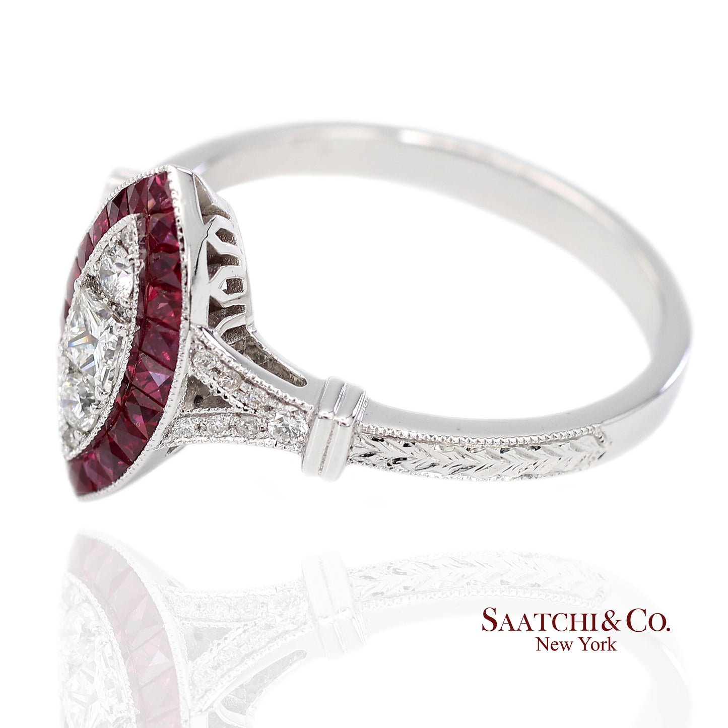 18K (750) White Gold Natural Diamond and Marquise Ruby Milgrain Ring