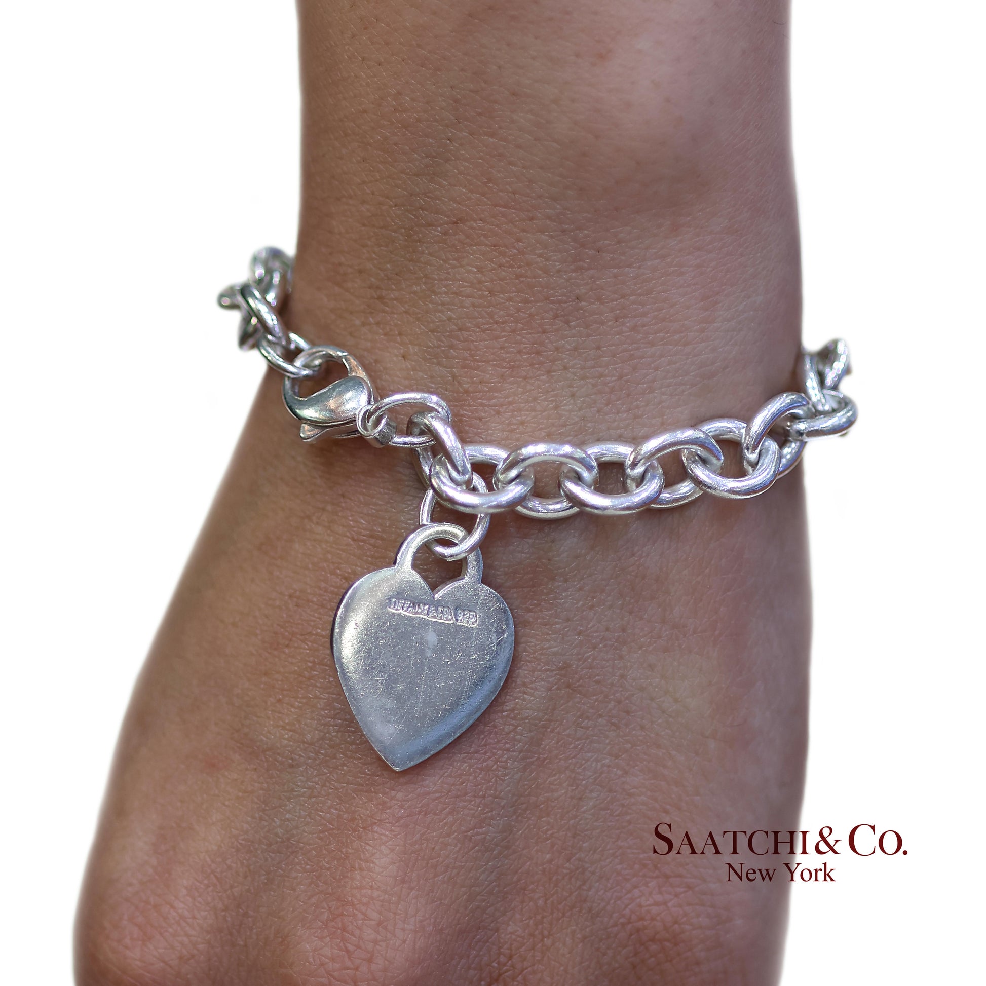 Tiffany & Co. 925 Sterling Silver Heart Charm Cable Chain Bracelet
