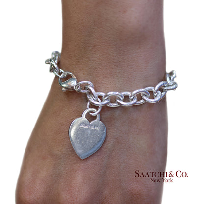 Tiffany & Co. 925 Sterling Silver Heart Charm Cable Chain Bracelet