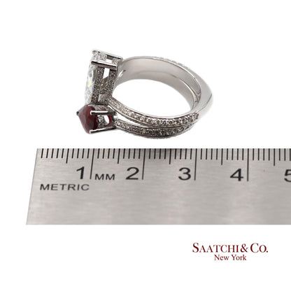 18K(750) Solid White Gold Natural Diamond and Ruby Toi et Moi Ring