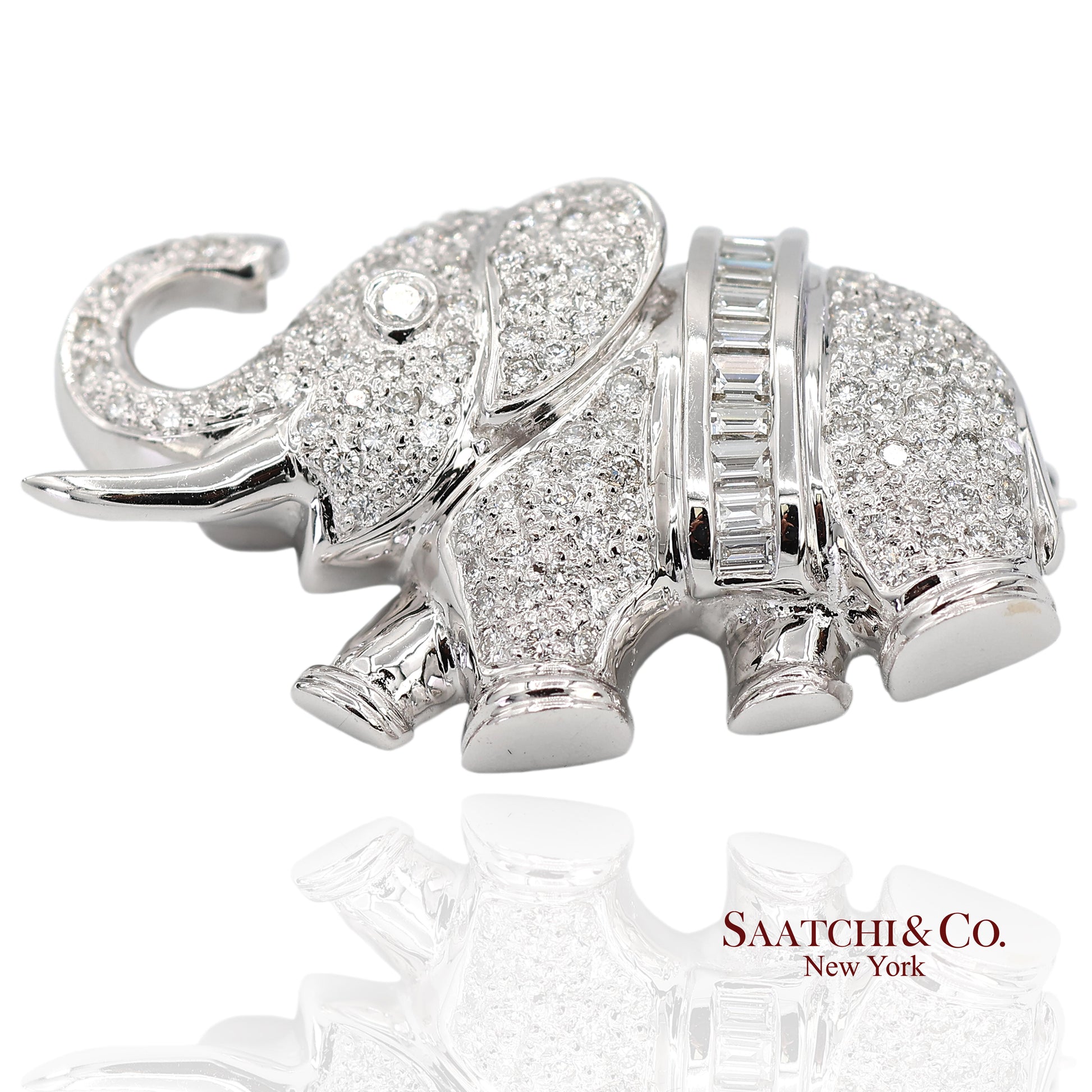 18K (750) White Gold Natural Diamond Elephant Brooch/Pin