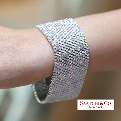 18K (750) White Gold Natural Diamond Wide Mesh Bracelet 15 Rows