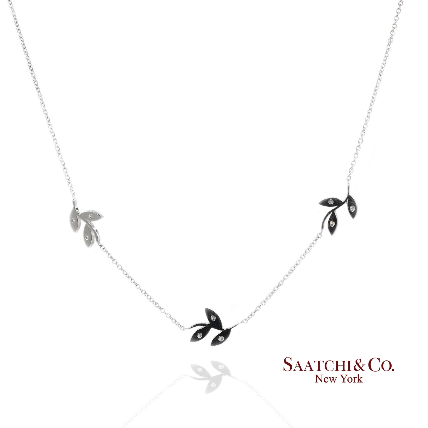 18K(750) White Gold Natural Diamond Leaf Pendant Necklace with Chain