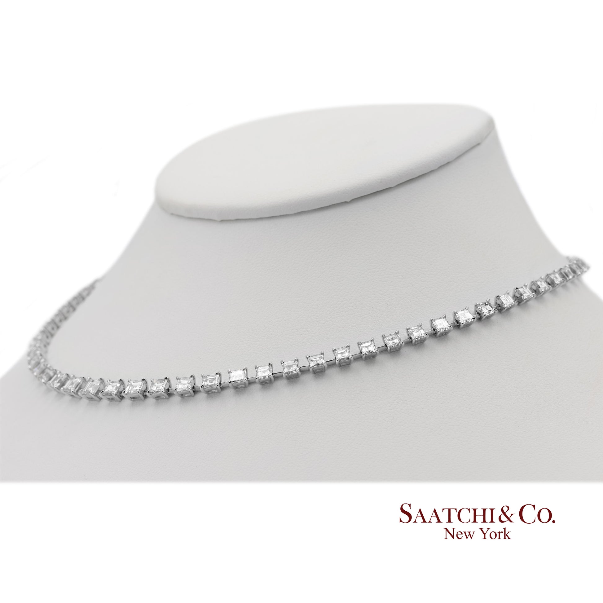 18K(750) White Gold Carre Cut Natural Diamond Tennis Necklace