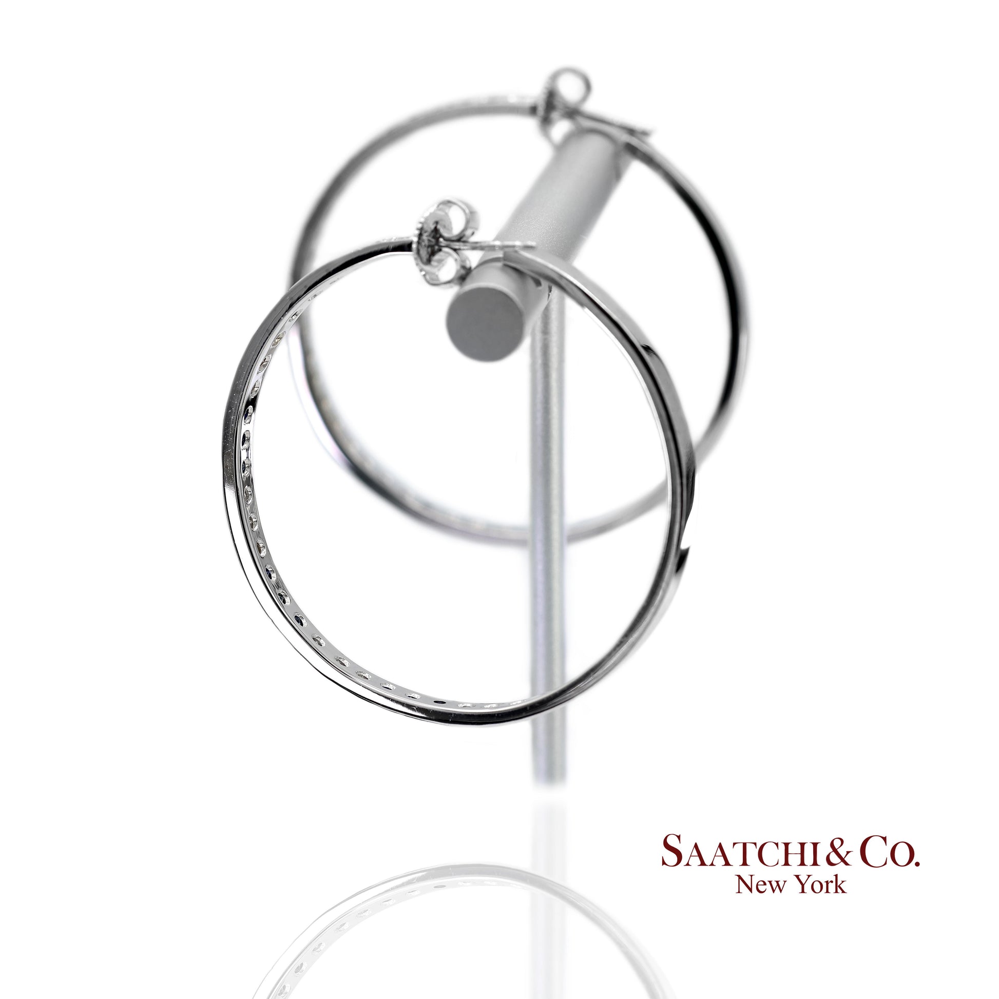 18K(750) Solid White Gold Natural Diamond and Sapphire Hoops Earrings