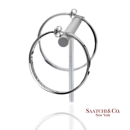 18K(750) Solid White Gold Natural Diamond and Sapphire Hoops Earrings
