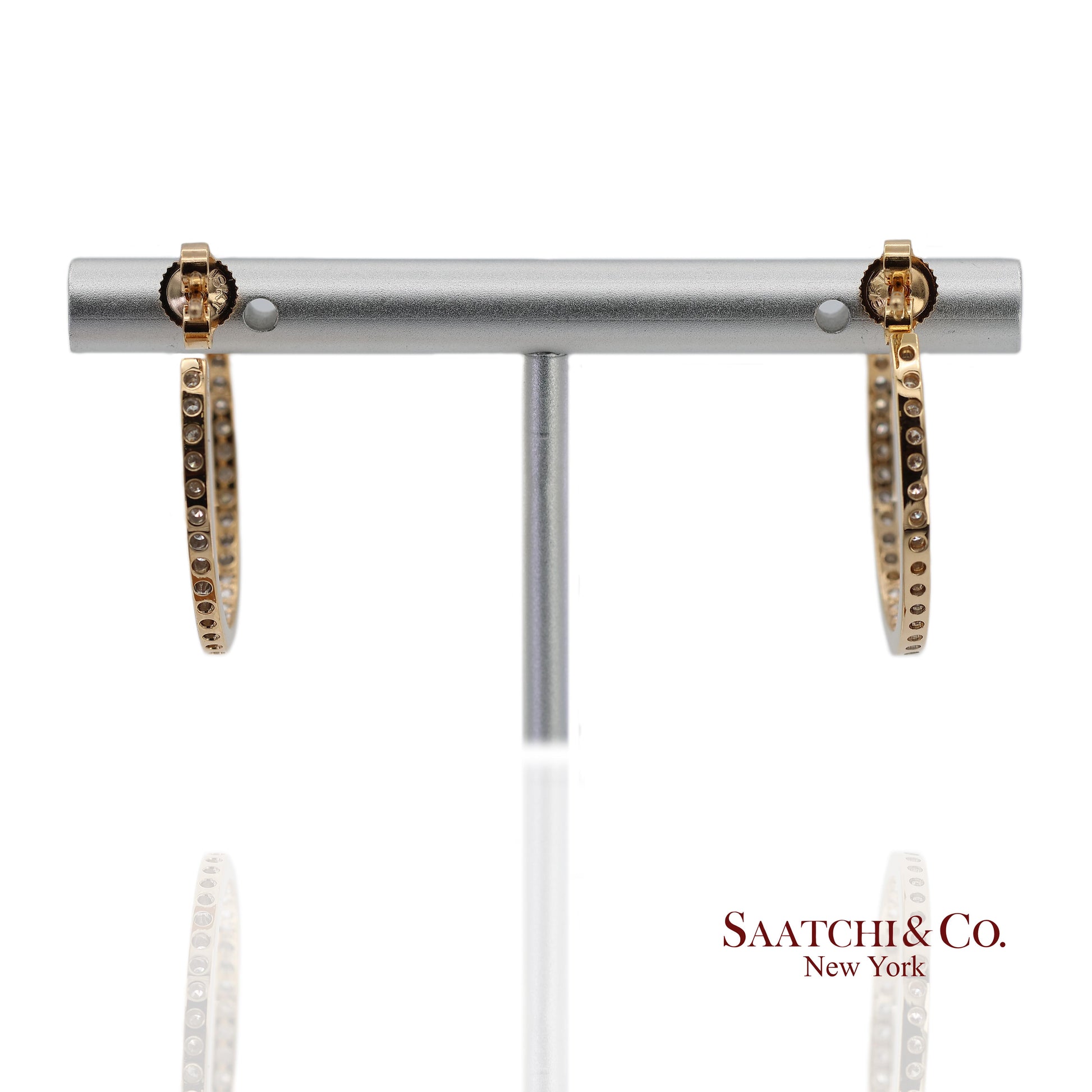 18K(750) Solid Yellow Gold In and Out Natural Diamond Hoop Earrings