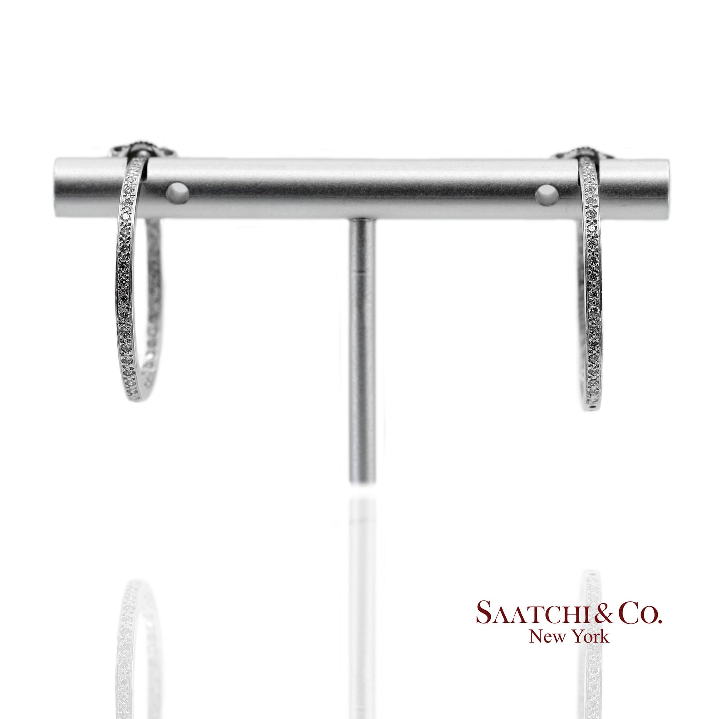 18K(750) Solid White Gold In and Out Natural Diamond Hoop Earrings