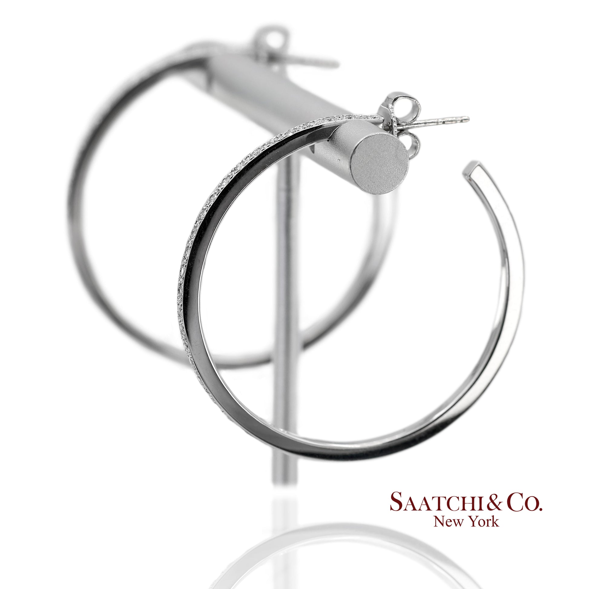 18K(750) Solid White Gold Natural Diamond Hoop Earrings