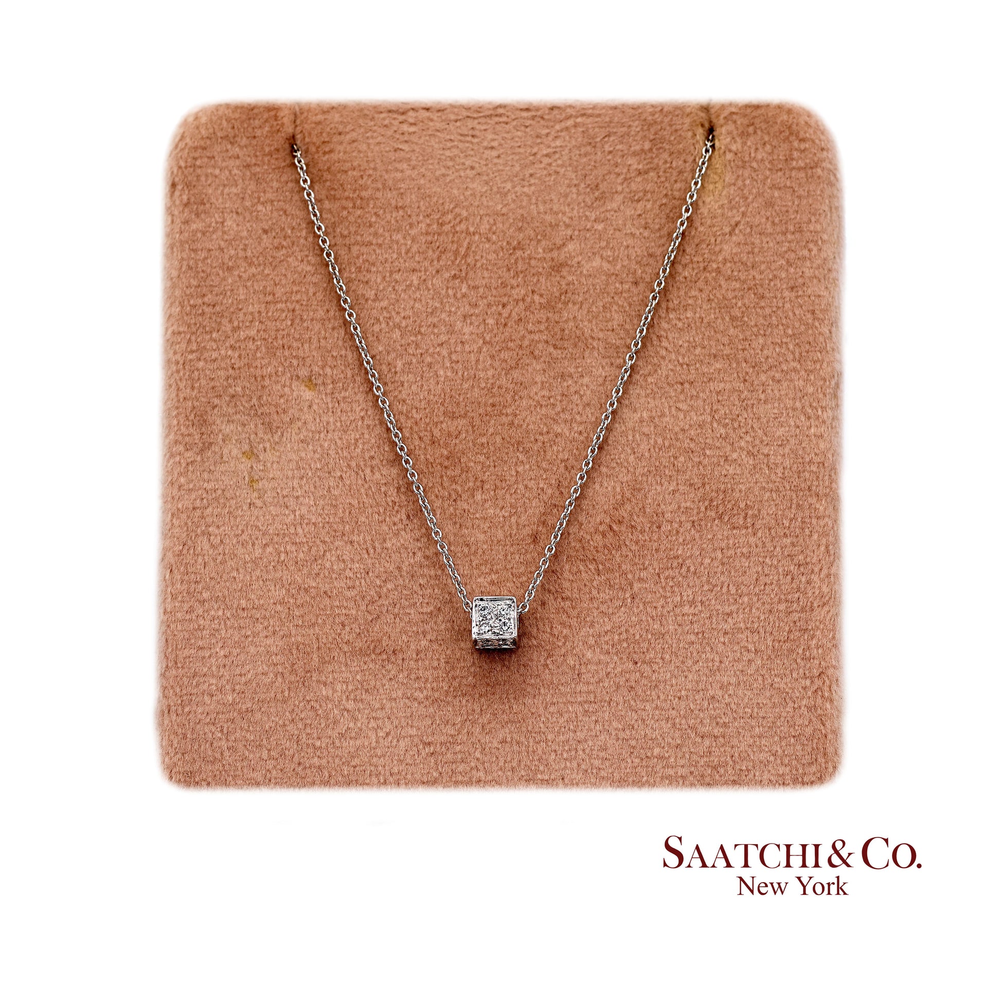 18K(750) White Gold Natural Diamond Square Box Shape Pendant Necklace with Chain
