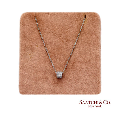 18K(750) White Gold Natural Diamond Square Box Shape Pendant Necklace with Chain