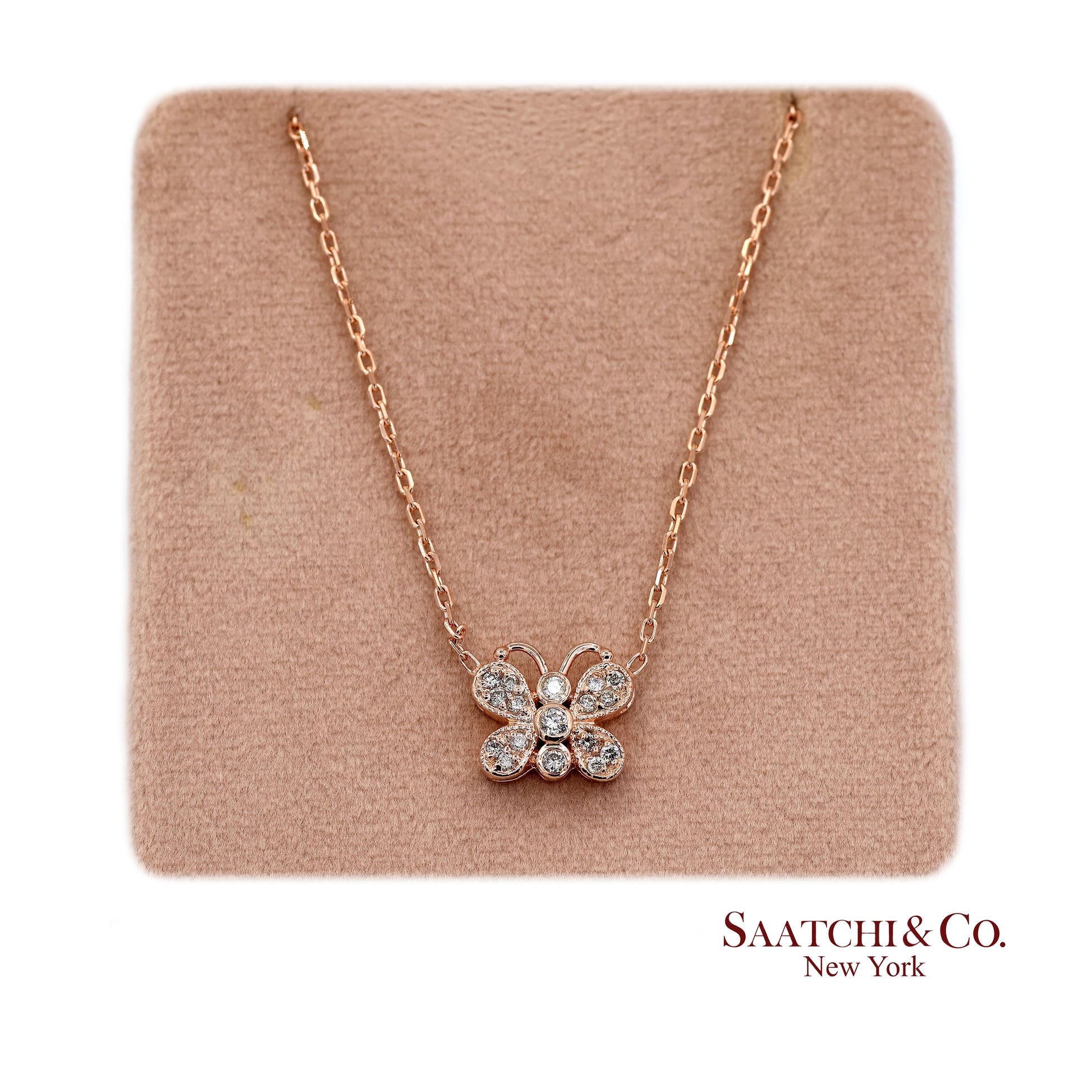 14K(585) Rose Gold Natural Diamond Butterfly Pendant Necklace with Chain