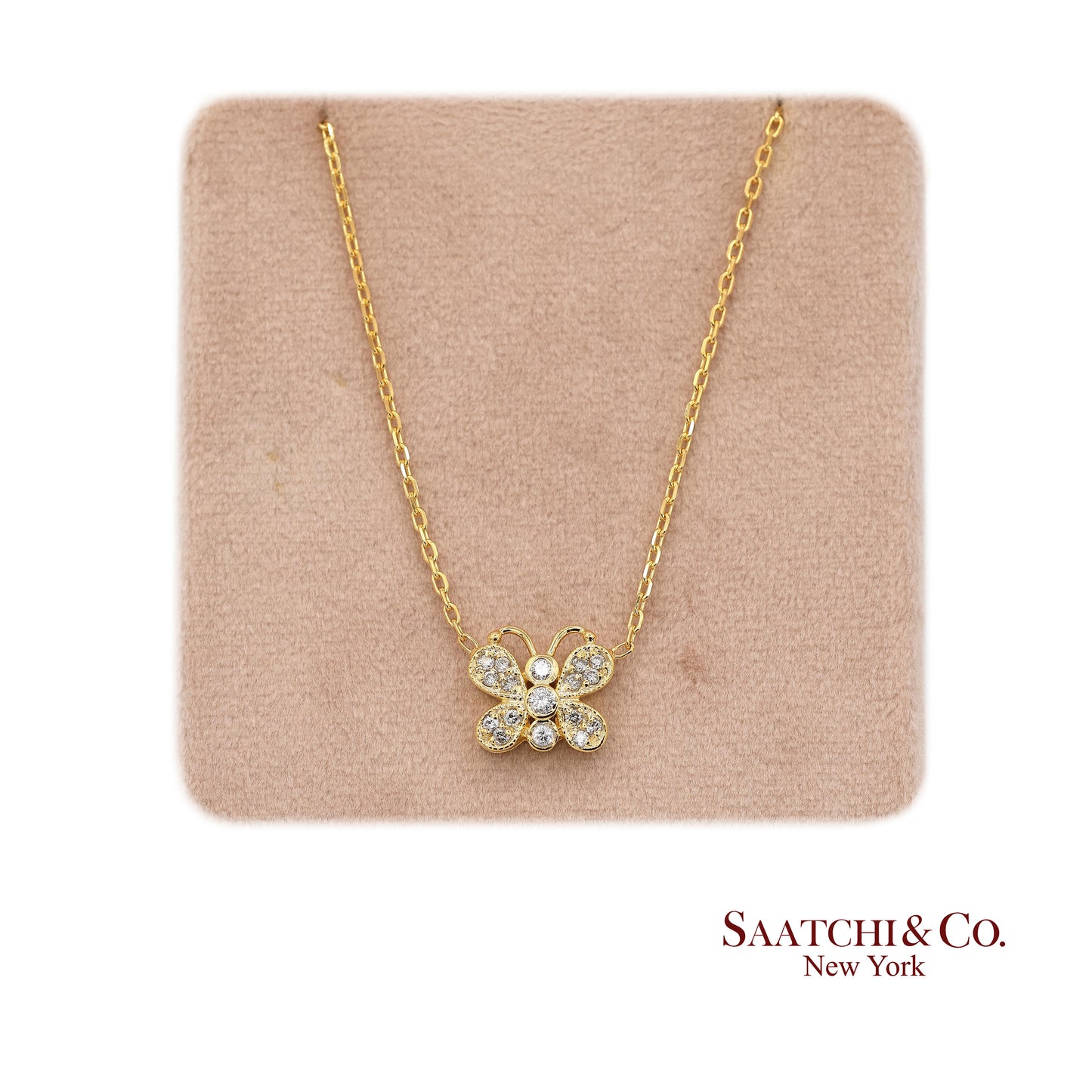 14K(585) Yellow Gold Natural Diamond Butterfly Pendant Necklace with Chain