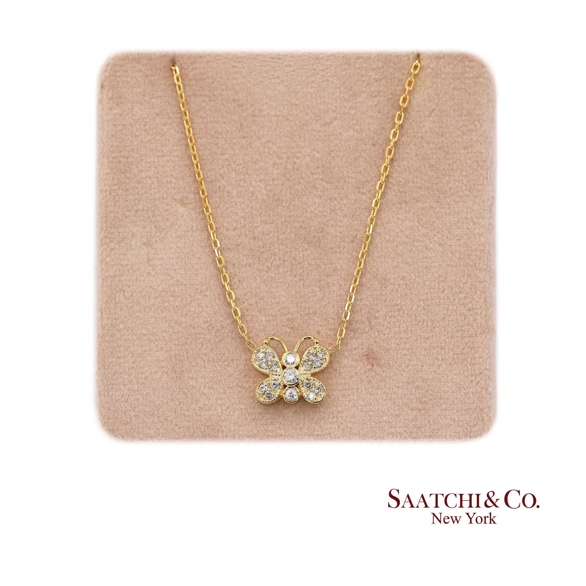 14K(585) Yellow Gold Natural Diamond Butterfly Pendant Necklace with Chain