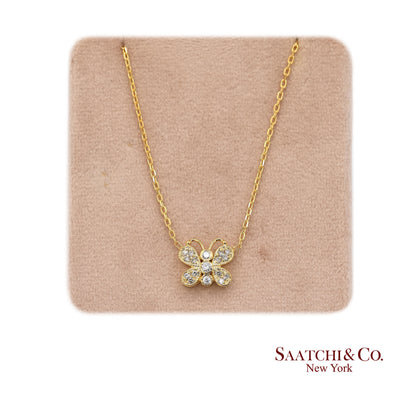 14K(585) Yellow Gold Natural Diamond Butterfly Pendant Necklace with Chain