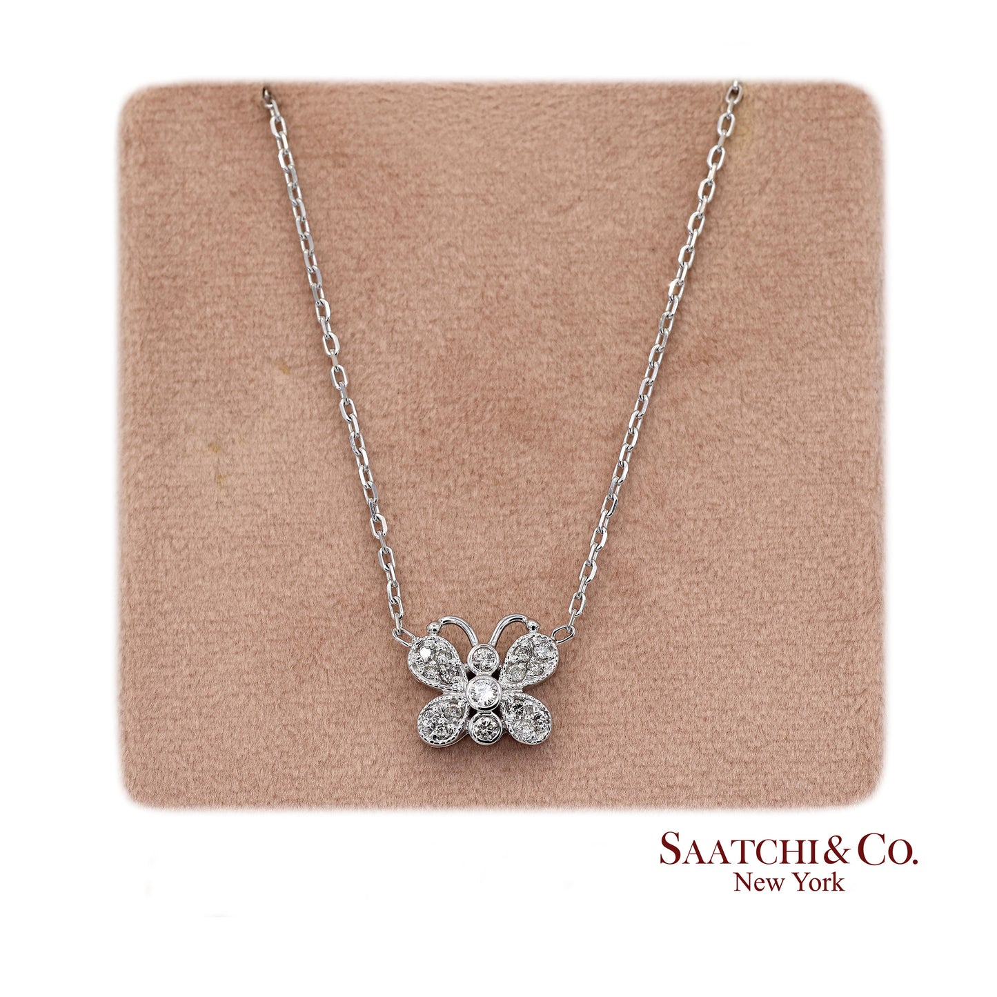 14K(585) White Gold Natural Diamond Butterfly Pendant Necklace with Chain