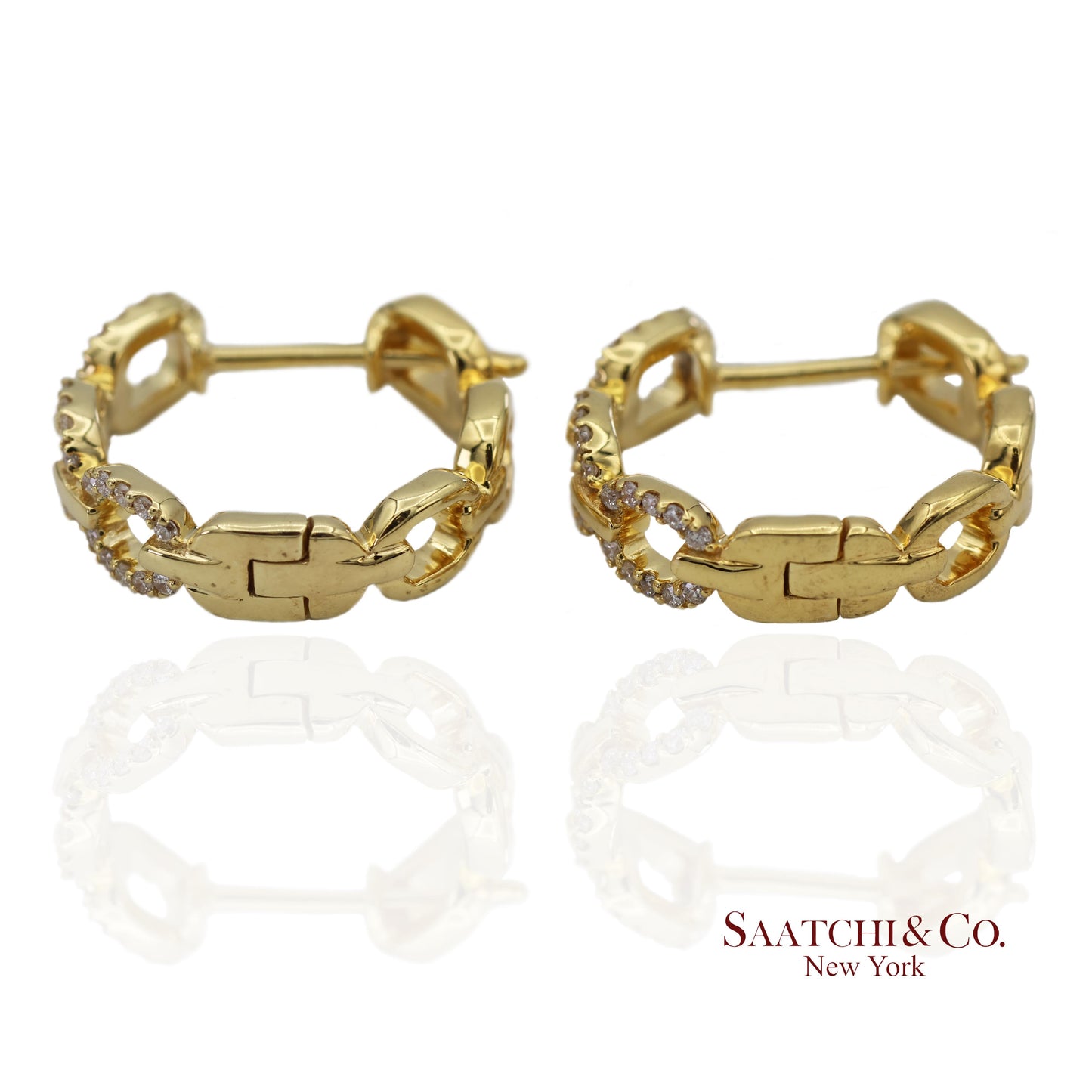 14K(585) Solid Yellow Gold Natural Diamond Link Chain Huggies Earrings