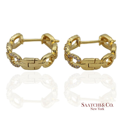 14K(585) Solid Yellow Gold Natural Diamond Link Chain Huggies Earrings