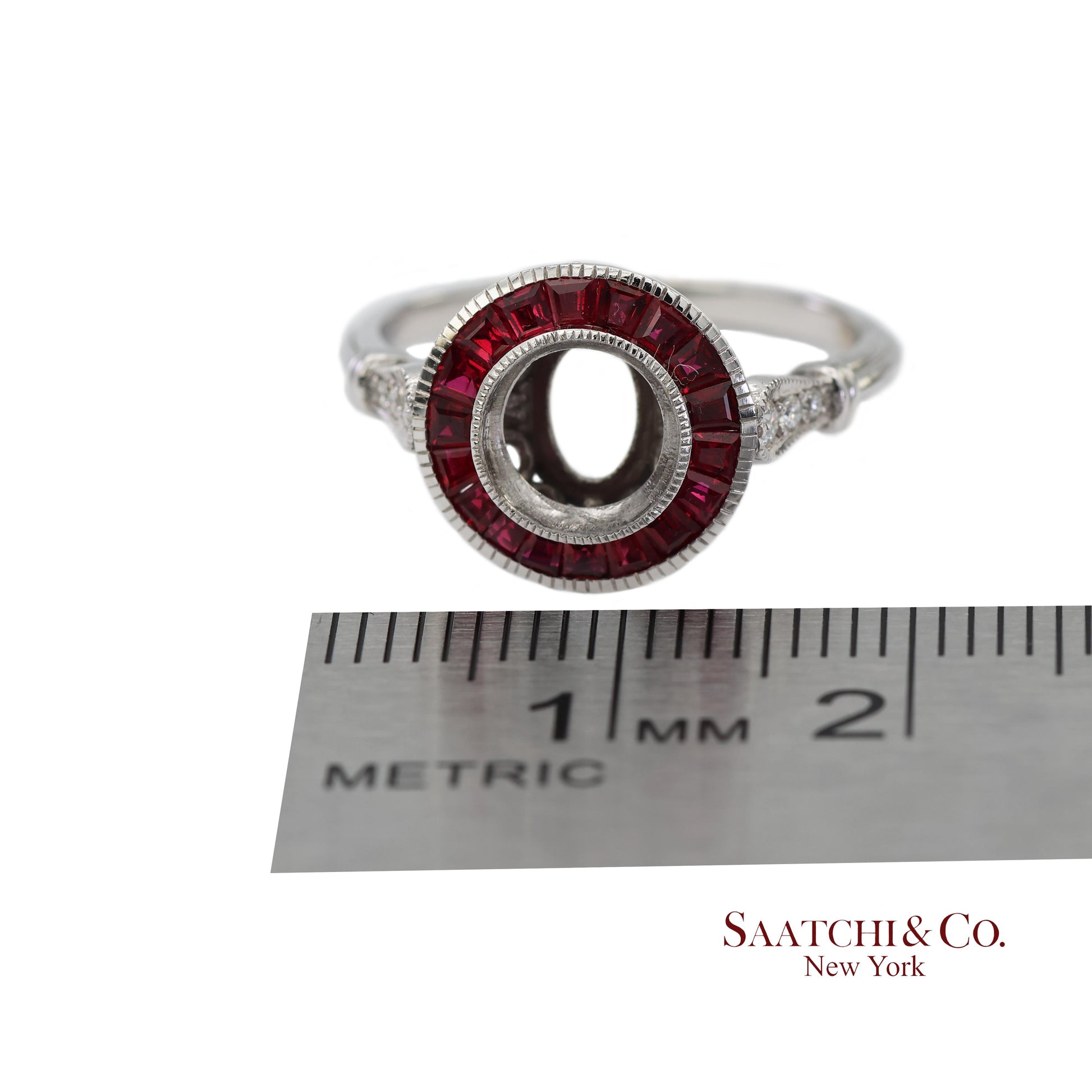 14K (585) White Gold Natural Brilliant Diamond Semi Mount Ruby Ring Size 7