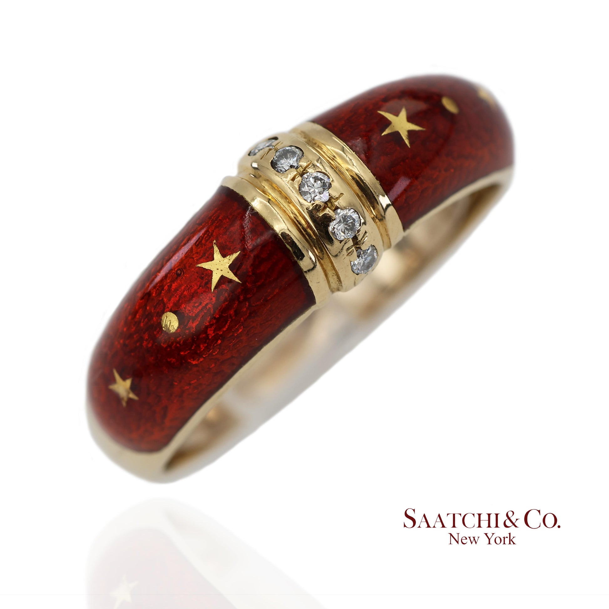 Vintage Faberge 18K (750) Solid Yellow Gold Red Enamel Diamond Ring