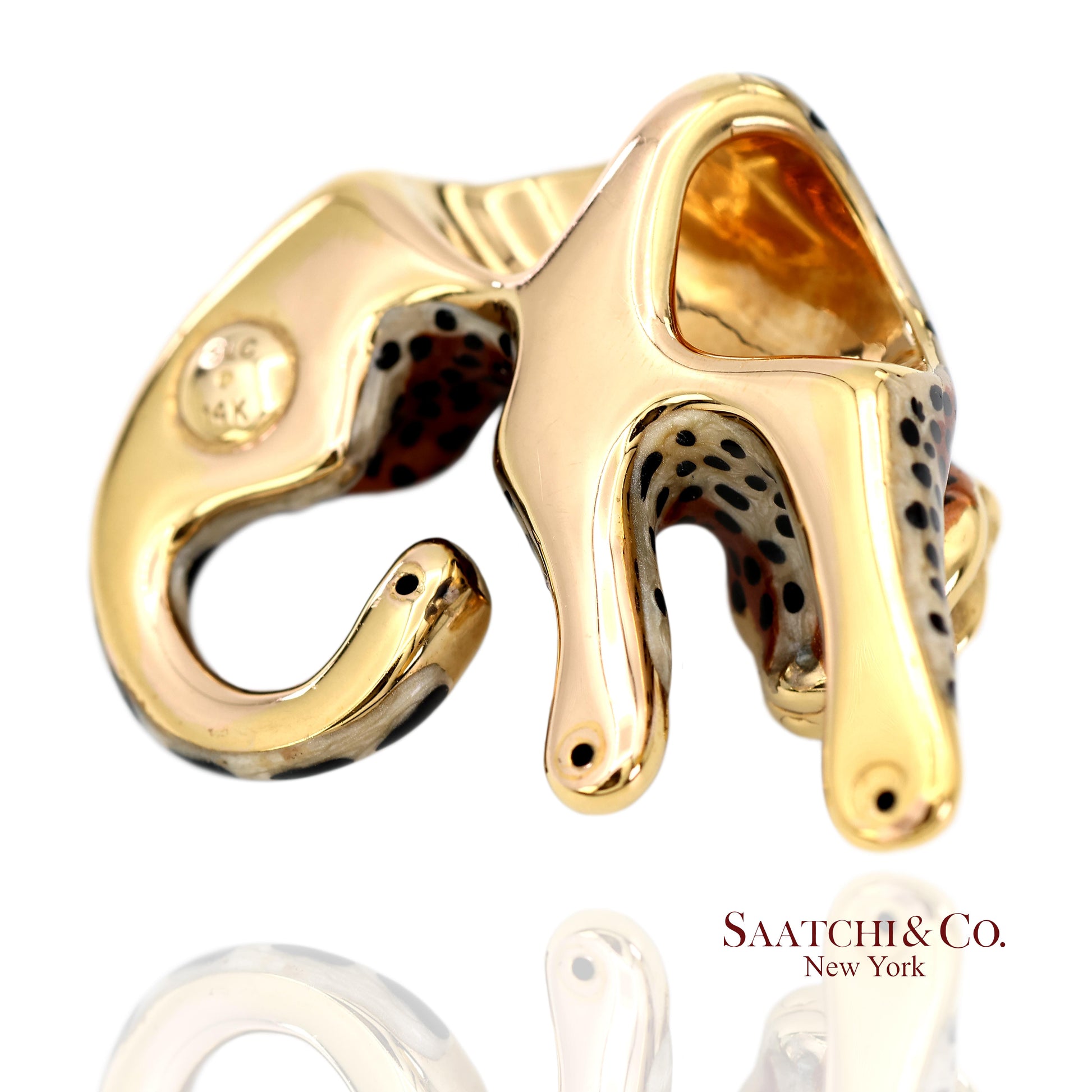 14K (585) Solid Yellow Gold Enamel Leopard Pendant Necklace