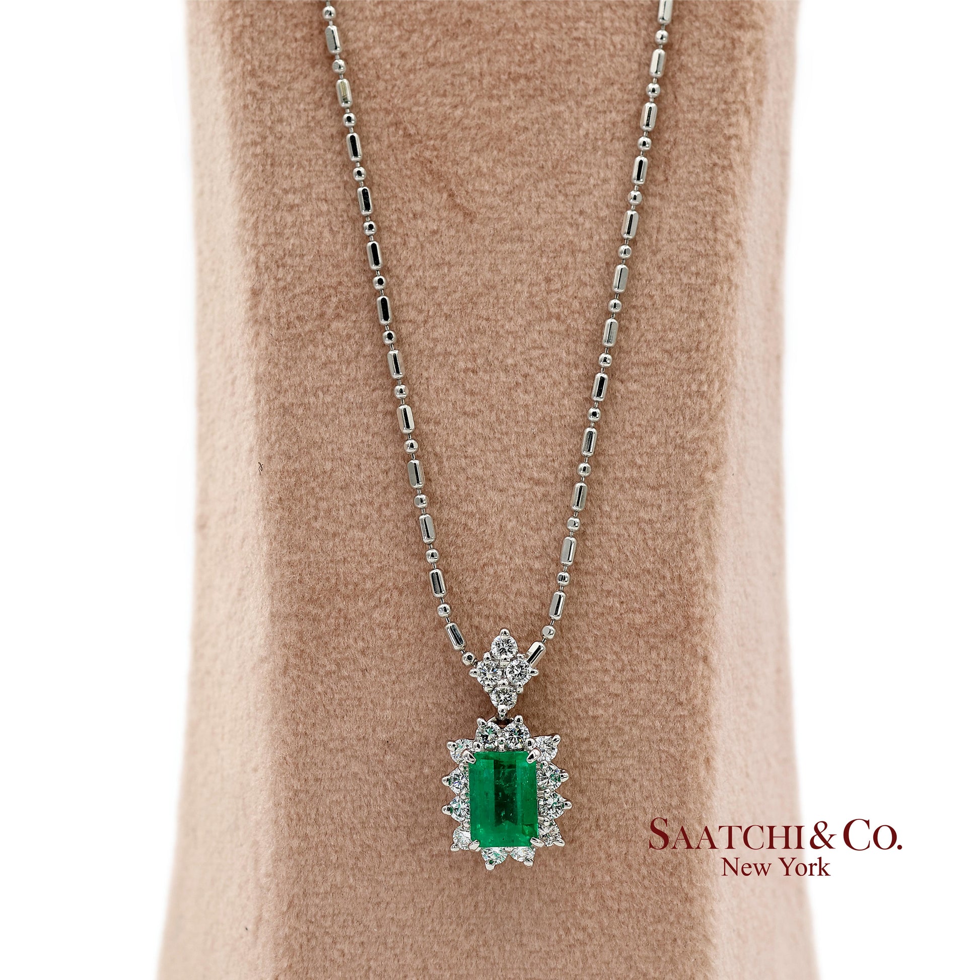 GIA Certified Platinum 900 Emerald & Diamond Pendant with Platinum 850 Chain