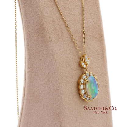 18K 750 Solid Yellow Gold Natural Diamond and Natural Opal Pendant Necklace