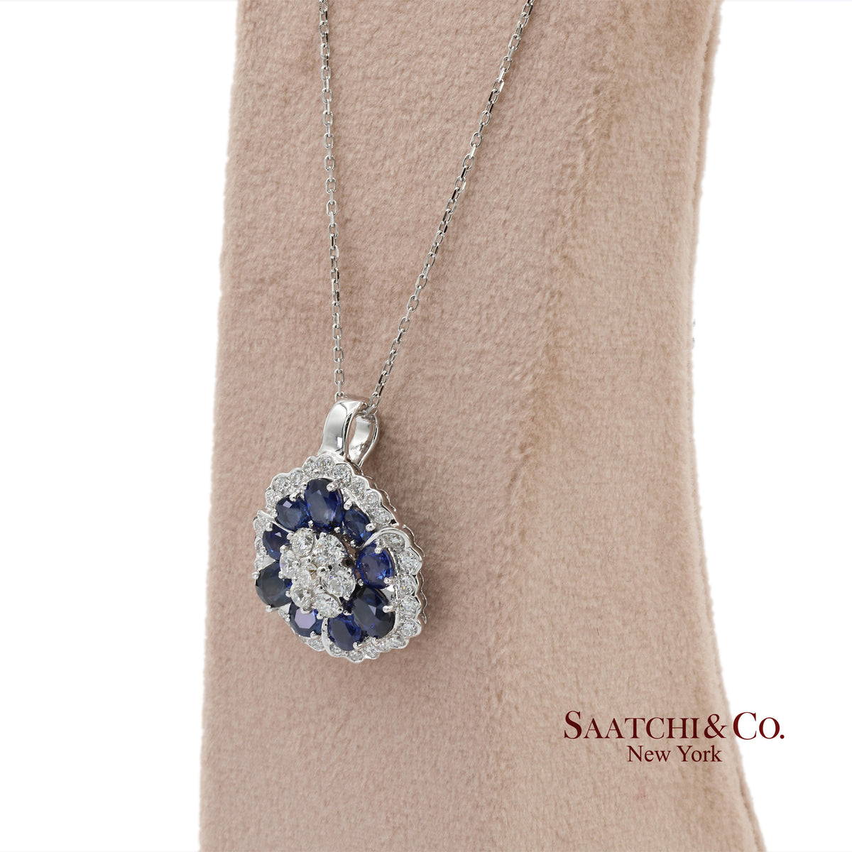 0.95ct Natural Diamond & 3.17ct Natural Sapphire 18K White Gold Pendant Necklace