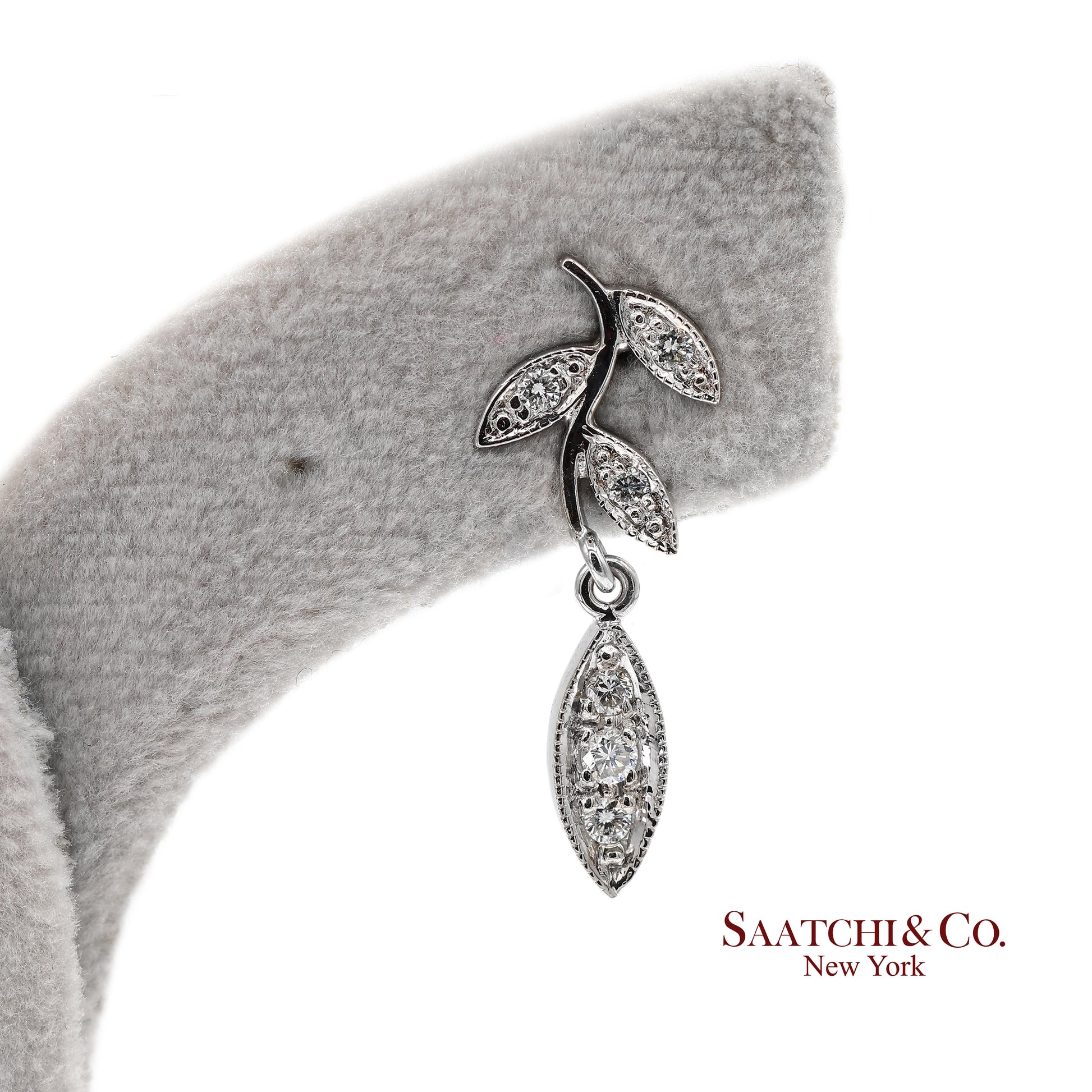 18K 750 Solid White Gold Marquise Shape Natural Diamond Leaf Drop Earrings