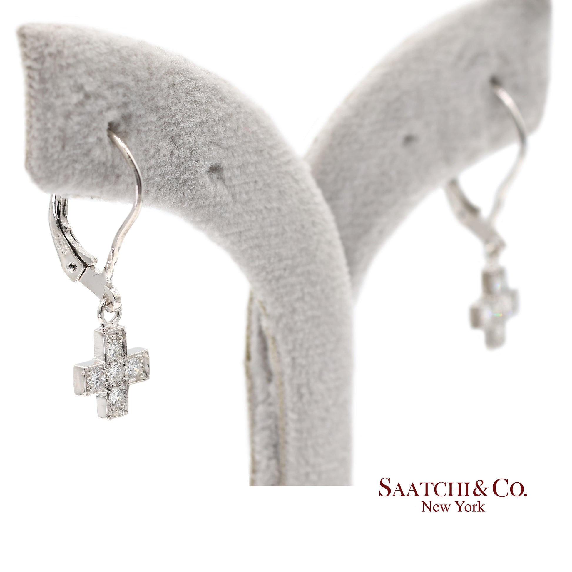 18K 750 Solid White Gold Natural Diamond Drop Hanging Cross Shape Earrings